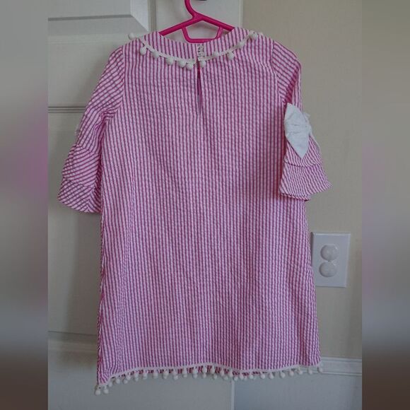 RARE EDITIONS Toddler Girls Pink & White Striped Dress with Pom Pom Trim size 5T - Picture 2 of 10